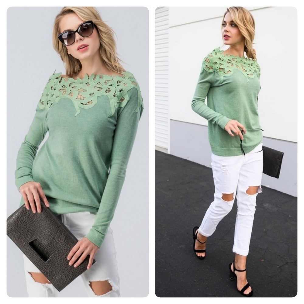 Lace Yoke Long-Sleeve Blouse - Sage Green - Picture 7 of 8